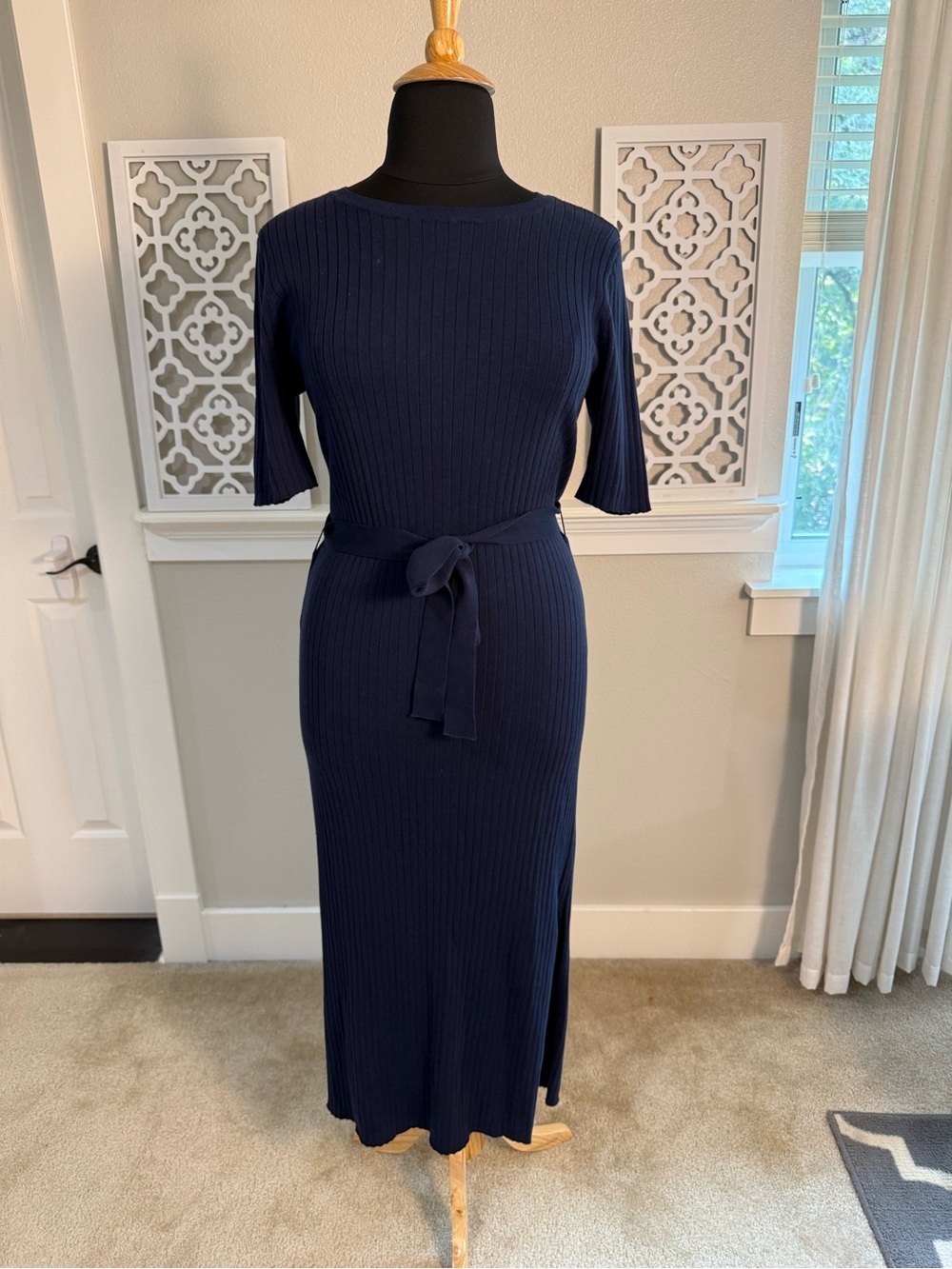 Navy Blue Ribbed Maxi Dress with Tie Belt